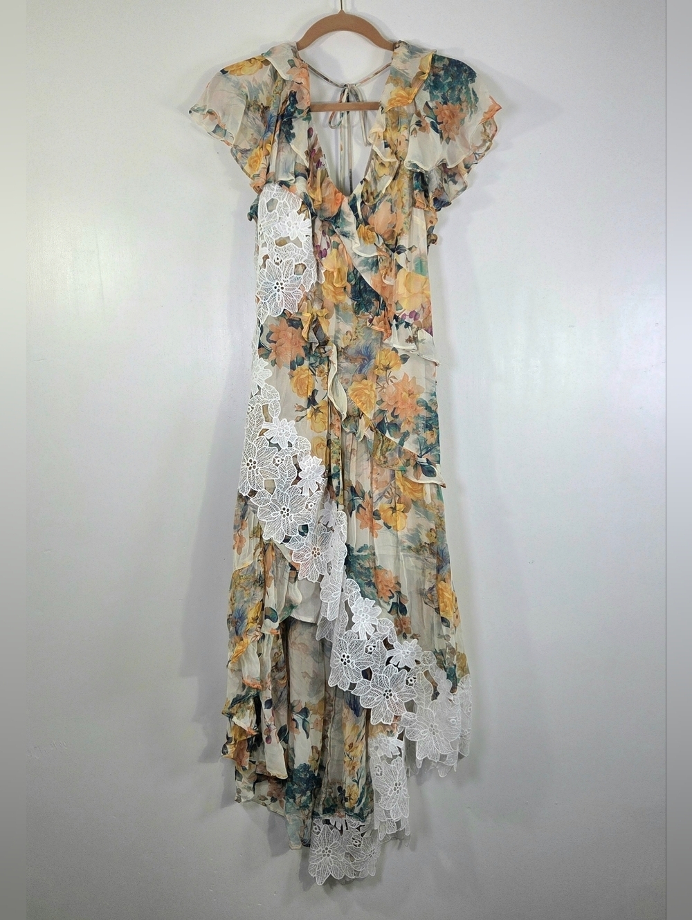 NWT BY ANTHROPOLOGIE FLORAL LACE RUFFLE HIGH LOW MAXI BOHO DRESS.